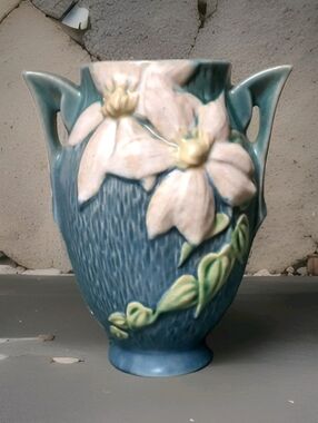 Vintage Blue Roseville Art Pottery Two Handled Vase, c1940 Clematis 6"